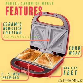 PREMIUS Ceramic NonStick Double Slice Sandwich Maker, Indicator Lights, Cool Touch Handle, Great for Grilled Cheese, French Toast, Tuna Melt, Egg & Cheese and Pancake Sandwich, Easy Clean (Red)