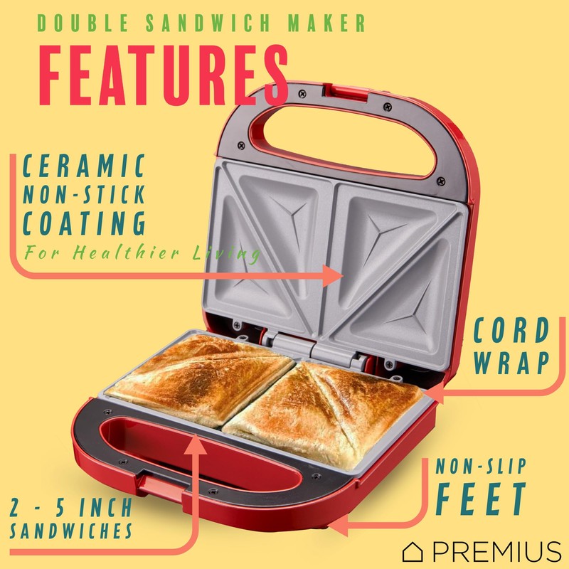 PREMIUS Ceramic NonStick Double Slice Sandwich Maker, Indicator Lights, Cool