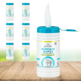 Juniper CLEAN 6 Pack Surface Cleaning Wipes with Bleach, All-Purpose Cleaner for Bathroom, Kitchen, Office, 450 Count Canister, Fresh Scent, 7.5" x 7" Sheet, Lint Free & Durable