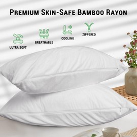 Gogreen Bamboo Rayon Waterproof Pillow Protector, Breathable Pillow Cover, Cooling Pillow Case Protector with Zipper, Super Soft Pillow Case Cover with Zipper (2 Packs, Queen 20"x30", White, Terry)