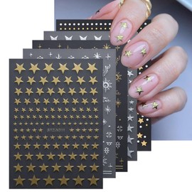 5 Sheets Star Moon Nail Stickers 3D Self-Adhesive Nail Decals Laser Metallic Stars Shiny Nail Designs Nail Art Supplies Stars Moon Heart Charm Holographic Laser Nail Accessories for Women Manicure