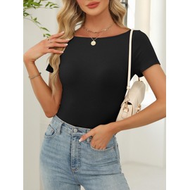 ANRABESS Women Boat Neck Tops Short Sleeve T-Shirts Ribbed Knit Tight Fitted Basic Tees Shirts 2025 Summer Clothes Black Large