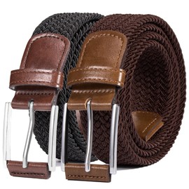 DENGFENGZHE Belt for Men, 1 3/8" Mens Gift Stretch Braided Web Belt Elastic for Casual Golf Jeans, 2 Pack (Black+Dark brown, 28" to 34" Waist Adjustable)