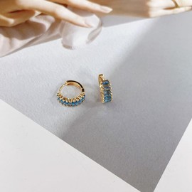 Cubic Zirconia Sleeper Cartilage Small Hoop Earrings for Women 925 Sterling Silver Post 18K Goldtone Plated Hypoallergenic Multi Colors Birthstone Crystal Round Huggie Hoops Minimalist Hooped Fashion Jewelry Gifts 10mm (Light Blue CZ)