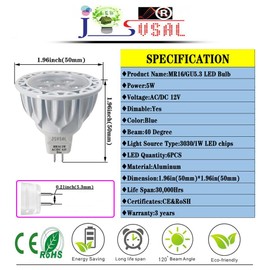 JSVSAL MR16 LED Light Bulb Blue 5W Replace 50W Halogen Equivalent,Dimmable,Aluminum Casing 12V Low Voltage MR16 GU5.3 Spotlights 40 Deg for Indoor Outdoor Landscape Track Bulbs,4-Pack