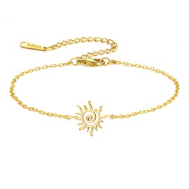 Minimalist Spiral Sun Charm Stainless Steel Bracelet for Women Men Statement Stylish Hollow Sunshine Sunburst Adjustable Link Chain Bangle Boho Summer Holiday Fashion Simple Jewelry Birthday Gifts (Gold)