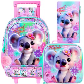UFNDC 4PCS Rolling Backpack for Girls, Cute Kids Koala Wheeled Bookbag，Roller School Bag with Wheels for Elementary Preschool Travel