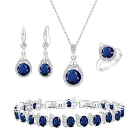 LMXXVJ Created Blue Sapphire Jewelry Set for Women - Blue Cubic Zirconia Necklace Earrings Bracelet Luxury Jewelry Set Mother's Day Prom Jewelry,Silver-Tone