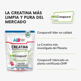 HEROSPORTS | Creatina Monohidratada Creapure® 1kg. 100% Pura. Solo 1 Ingrediente Creatina Alemana Creapure®. Vegana, Sin Azúcar, 200 porciones, 5g por porción, Incluye Scoop. Pure. Proven. Perfect.