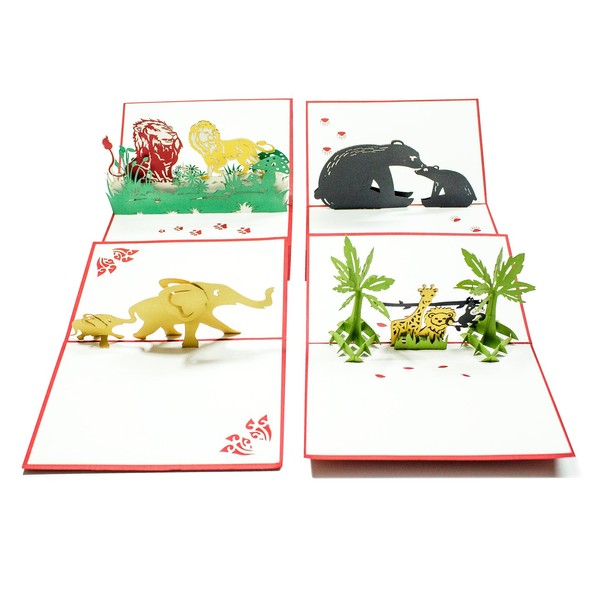 Pop Up Cards - Set of 4 3D Pop-Up Birthday, Greeting or Special Occasion Card Sets - Jungle Animals (4 Pack- Assorted)