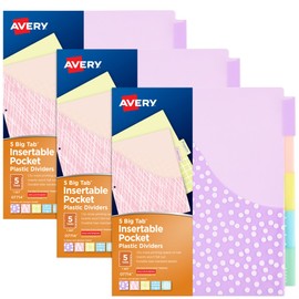Avery 11255 - Divisores para carpetas de 3 anillos, divisores de carpetas de plástico con bolsillos, pestañas grandes insertables, diseños clásicos pastel, funciona con protectores de hojas, 3 juegos