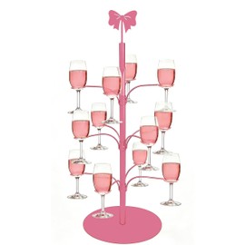 Hebaogugu Wine Glass Holder, Pink Bow Champagne Drink Tower Rack, Cocktail Tree Stand with Sturdy Base, 3 Tier Wine Rack for Mother's Day Weddings Parties Bars Decor