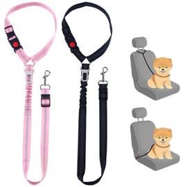 TYXHXTF 2 Pcs Dog Car Seat Belt, Adjustable Harness with Headrest and Safety Buckle, Elastic Bungee Buffer, Durable Pet Belts with Seatbelt Clip (Black, Pink)