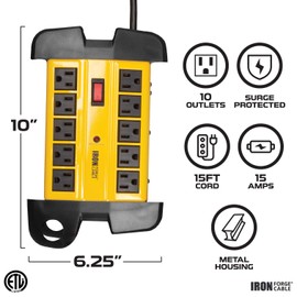 Iron Forge Cable 10 Outlet Heavy Duty Surge Protector Power Strip with Built-in Circuit Breaker, 14/3 SJT Industrial Black & Yellow Metal Surge Suppressor with 15 ft Long Extension Cord, ETL Certified