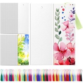Skyygemm 200 Pcs Watercolor Paper Blank Bookmarks with Colorful Tassels DIY Book Marks Kit Cotton Watercolor Paper Bookmarks with Hole Bookmark Pad for DIY Classroom and Gifts Tags, 5.5 x 2 Inches