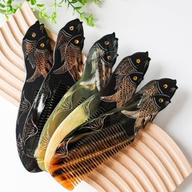  Symbol of Long Lived Peaceful Prosperous, Natural Buffalo Horn Comb, Ox Horn Comb Anti Static, Luxury Double Pigeon, Buffalo Horn Hair Comb for Anti Static Massage (Fish)