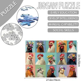 1000 Pieces Puzzles for Adults Adorable Rooster Jigsaw Puzzle Rooster Portraits 1000 Pieces Puzzle Game Various Roosters with Flower Crowns Wall Decor DIY Craft Puzzle Farm Animals Art
