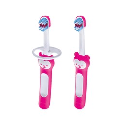 MAM Baby's Brush Set (2 Training Toothbrushes, 1 Safety Shield), Baby Toothbrushes with Brushy the Bear, Interactive App, For Girls 6+ Months, Pink