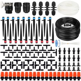 136Pcs Drip Irrigation System, 26+197FT Automatic Garden Watering System with Adjustable Misting Nozzle Sprinkler, 1/4 inch 1/2 inch Blank Distribution Tubing Watering Drip Kit for Greenhouse, Patio