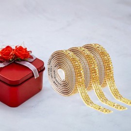 SM SunniMix 3 Pieces Rhinestone Ribbons Multipurpose Self Sticky Rhinestone Strips Rolls for DIY Art Crafts Clothes Hair Bow Car, Gold