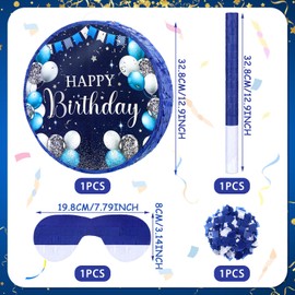 Navy Blue Birthday Pinata Blue and Sliver Pinata Happy Birthday Pinata with Stick Blindfold and Confetti for Boys Girls Men Women Birthday Party Supplies