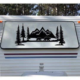 Minglewood Trading Orange - Mountains Bears Forest Scene Vinyl Decal V2 - Camper RV Travel Trailer Graphics 4x4 - Die Cut Sticker - 16w x 7h inches