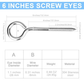 4 Pack 6 Inches Heavy Duty Screw Eyes Hooksws, 500LBS Breaking Strength, Rust-Resistant Self Tapping Eyelet Screw in Eye Bolt for Wood, Securing Cables Wires, Indoor & Outdoor
