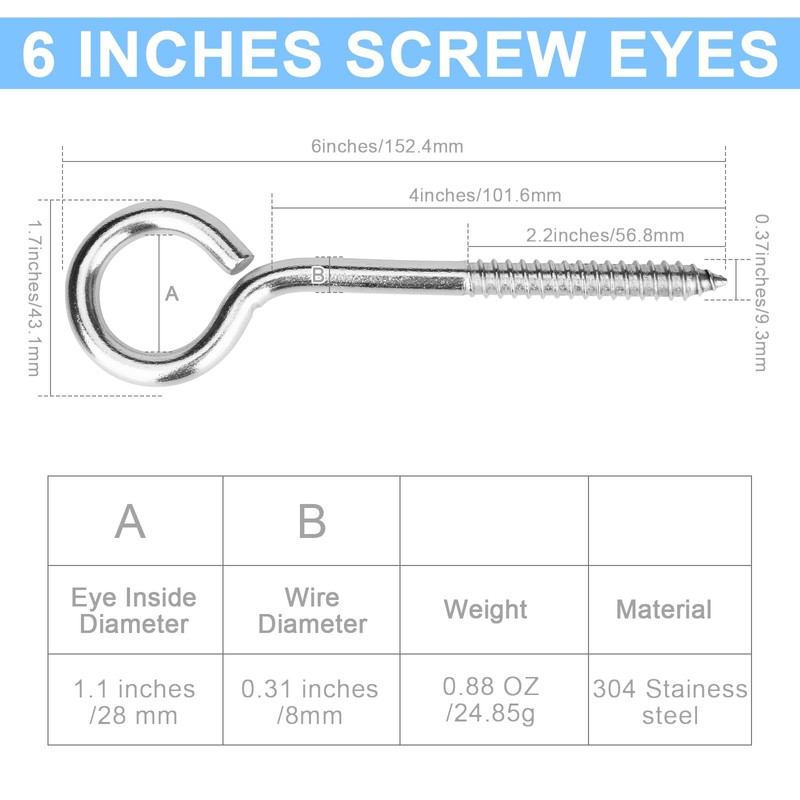 4 Pack 6 Inches Heavy Duty Screw Eyes Hooksws, 500LBS