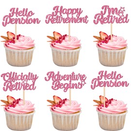 30 piezas de adornos para magdalenas de jubilación feliz con purpurina oficialmente retirado Hello Pensian Magdalenas Adventwre Begin I'm jubilado, decoraciones de pasteles para jubilación, suministros de fiesta de cumpleaños, color rosa