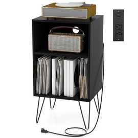 Tangkula Record Player Stand with Charging Station, Turntable Nightstand with Vinyl Record Storage Cabinet, Side End Table with Display Shelf, Record Player Holder for Living Room (Black, 35" H)