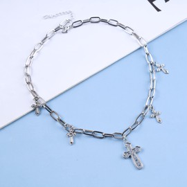 Zeshimb Cubic Zirconia Cross Necklace Multiple CZ Cross Pendant Necklace Silver Paperclip Link Chain Chain Necklace Punk Faith Cross Choker Necklace Y2K Necklack Jewelry for Women