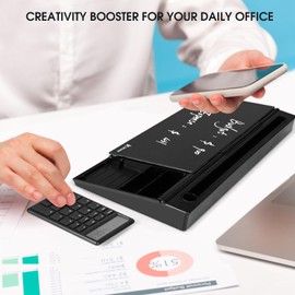 Varhomax Glass Desk Whiteboard Gray with Calculator, Desktop Organizer Dry Erase White Board with Storage, to Do List Memo Notepad for Home Office and School Supplies