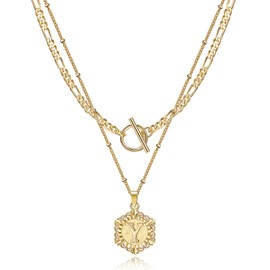 KissYan Gold Layered Initial Necklace for Women, 14K Gold Plated Hexagon Letter Necklace Capital Monogram Pendant Toggle Clasp Layering Figaro Bead Chain Necklace(Letter Y)