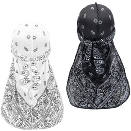 DAZUMA Durag Paisley Satin Hip Hop Dance Hat Bandana Turban Pirate Dancer Durag Tail Inner Cap Sweatproof, black white