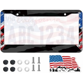 1PCS American Flag License Plate Frame Holder - USA Stars and Stripes Auto Universal Aluminum Matte Car Tag Holder Covers with Sticker & Screws for Men