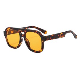Long Keeper Retro Pilot Sunglasses for Men Women Double Bridge Aviation Square Sunglasses 70s Fashion Classic Sun Glasses Vintage Shades UV400 Protection (Leopard Frame/Orange Lens)