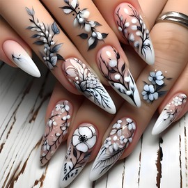 RIICFDD Press on Nails for Women - Medium Length Fake Nails with Spring Flower Designs 24 Pcs Reusable False Nails for Daily Wear or Special Occasions
