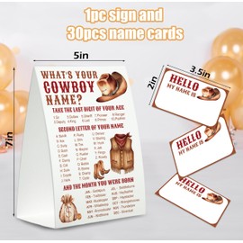Cowboy Party Decor,5×7 What is Your Cowboy Name Game, Perfect for Birthday Party Activities 1 Standing Sign + 30 Stickers