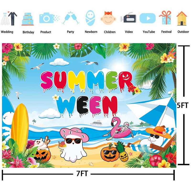 Happy Summerween Backdrop Spooky Skull Summer Beach Background