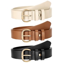 JASGOOD 3 Pack Women Leather Belts for Jeans Pants Gold Buckle Casual Waist Dresses Belts for Ladies(Black+Brown+Beige)