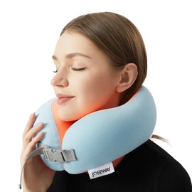 Joeeway Neck Pillow for Traveling, 100% Pure Memory Foam Travel Pillows for Airplanes, Neck Support for Long Flight Sleeping, Train, Light Blue