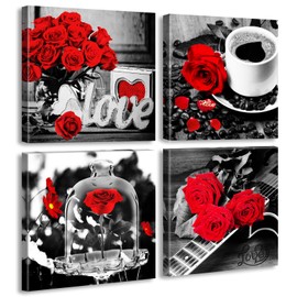 Bathroom Decor Rose Wall Art Red Room Accessories Canvas Print Pictures for Bedroom Home Decorations Black and White Modern Artwork Framed 12''X12''X4
