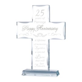YWHL Wedding Anniversary Glass Cross Gifts, Laser Engraved Silver Word 25th Anniversary Standing Cross Gifts for Couple, 25 Years of Marriage Cross Decorations (7.9"x5.5")