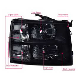 GRAND ORANGE Headlight Compatible with 2007-2014 Chevy Silverado Black Housing White Reflector Headlamp