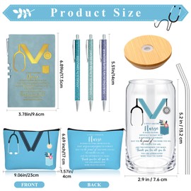 Locmeo 6 Pcs Nurse Appreciation Gifts for Christmas Women Nurses Week Gift Include A6 Leather Notebook 16 oz Glass Cup Makeup Bag 3 Ballpoint Pen(Blue)