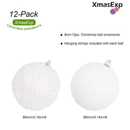 3.15" Christmas Ball Ornaments 12pcs Sequin Christmas Balls Shatterproof Christmas Tree Ornaments Glitter Christmas Ornaments Plastic Hanging Pearl Balls for Xmas Trees,Holiday Party(White)