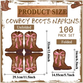 100 Pcs Western Cowgirl Pink Bow Boot Paper Napkins Western Party Decorations Wild West Cowgirl Brown Boot Shaped Napkins Rodeo Birthday Supplies for Bridal Shower Bachelorette Table Decor Party Favor