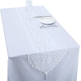 mookaitedecor 13x54 Inch White Lace Table Runner for Wedding Festival Party Christmas Table Centrepiece Home Desk Decor, Vintage Elegant Floral Coffee Dressing Table Runner with Tassels