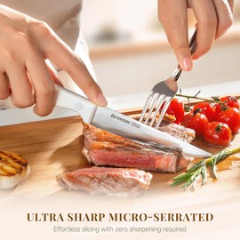 Astercook Steak Knives, Steak Knives Set of 8, High Carbon Stainless Steel Steak Knife Set with Full Tang Handle, Dishwasher Safe Serrated Knife, Elegant Cream White