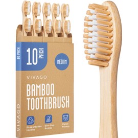 VIVAGO Bamboo Toothbrushes Medium Bristles 10 Pack - BPA Free Medium Bristles Toothbrushes for Adults - Eco-Friendly, Natural Wooden Toothbrush